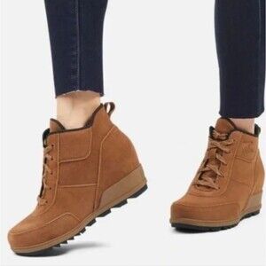 GUC Sorel Evie Sport Lace Up Wedge Boot Velvet Tan Women 9.5